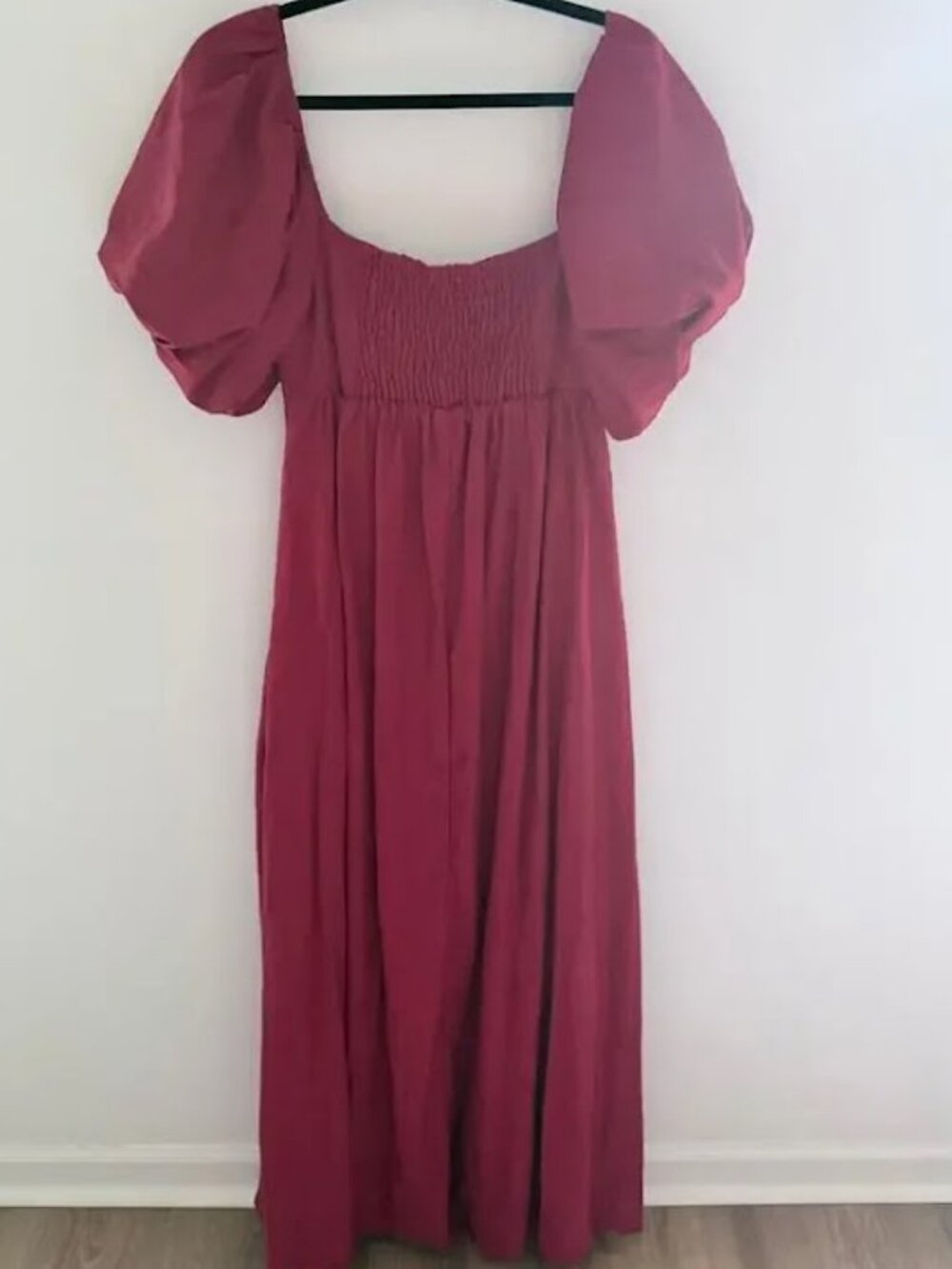 NWT Endless Blu Puff Sleeve Pleated Bodice Square Neck Burgundy Maxi Dress L - Picture 3 of 8